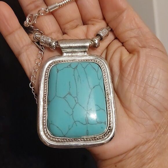 Boho Chunky Faux Turquoise Cabochon Pendant Snake Chain Necklace - Picture 6 of 6